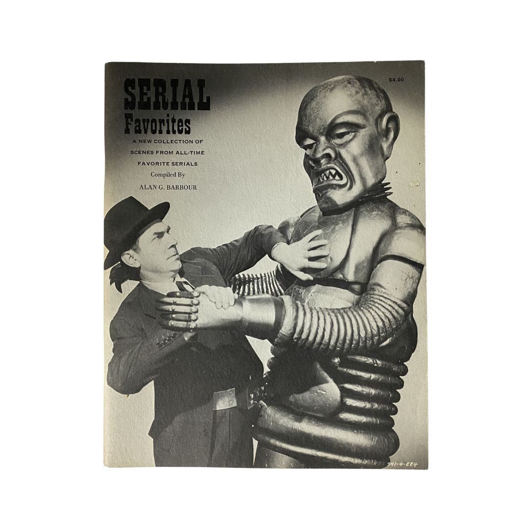 Cover of VTG 1971 Serial Favorites featuring a dramatic image of a man confronting a vintage robot. This collectible highlights iconic characters like Batman and Boris Karloff.
