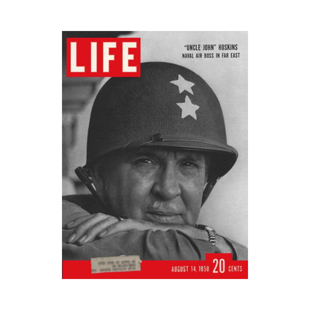Cover of VTG Life Magazine dated August 14, 1950 featuring Admiral 'Uncle John' Hoskins in military attire, highlighting his role as Naval Air Boss in the Far East.