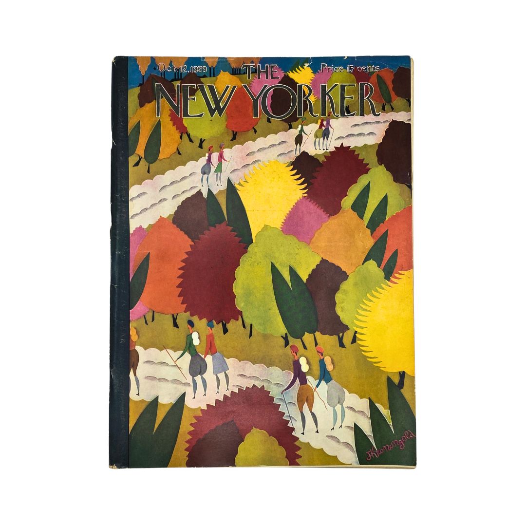 The New Yorker Complete Magazine – October 12, 1929 featuring a vibrant and artistic cover by Adolph Kronengold, showcasing colorful abstract patterns and figures, reflective of the 1920s New York culture.