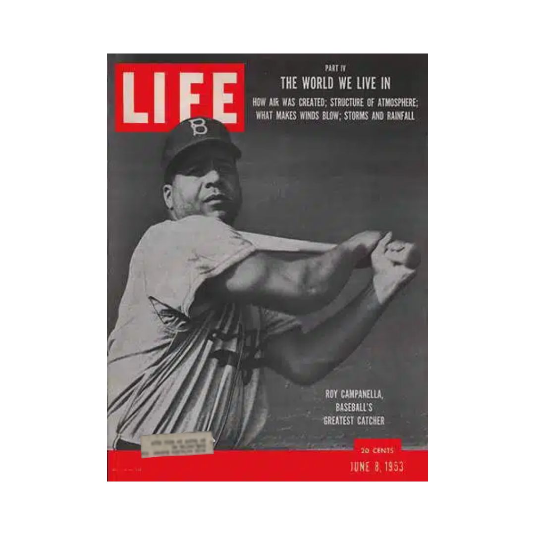 VTG Life Magazine June 8, 1953 featuring baseball catcher Roy Campanella on the cover, showcasing his iconic pose and highlighting his significance as one of baseball's greatest players.