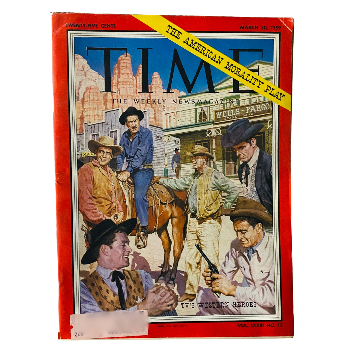 Cover of Time Magazine from March 30, 1959, Vol 73 No. 13, featuring the compelling theme 'TV's Western Heroes' with illustrations of iconic Western characters.