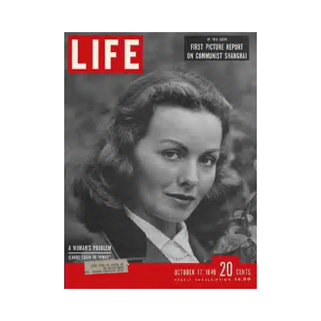 VTG Life Magazine cover from October 17, 1949 featuring American actress Jeanne Crain, highlighting an article about her role in 'Pinky' and showcasing the vintage aesthetic of post-World War II America.