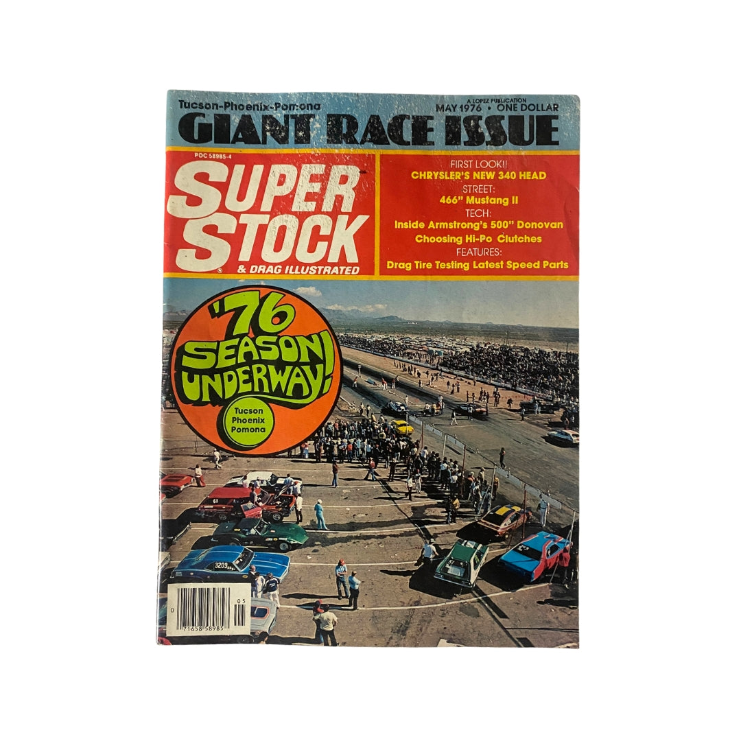 VTG Super Stock & Drag Illustrated May 1976 magazine cover showcasing Chrysler's new 340 head with vibrant '76 season underway' announcement.
