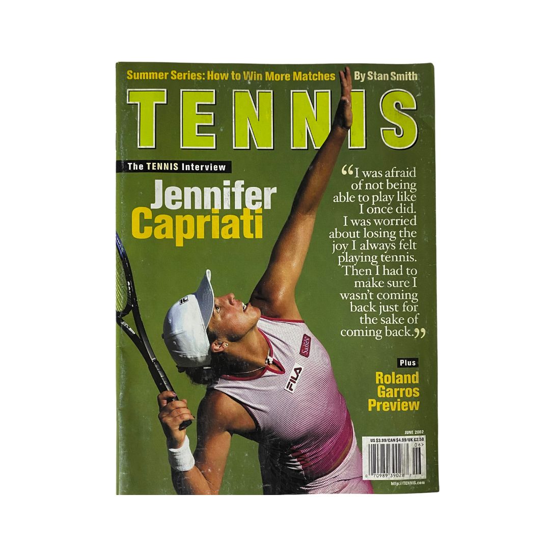 Cover of Tennis Magazine June 2002 featuring Jennifer Capriati, showcasing her tennis prowess and the Roland Garros tournament.
