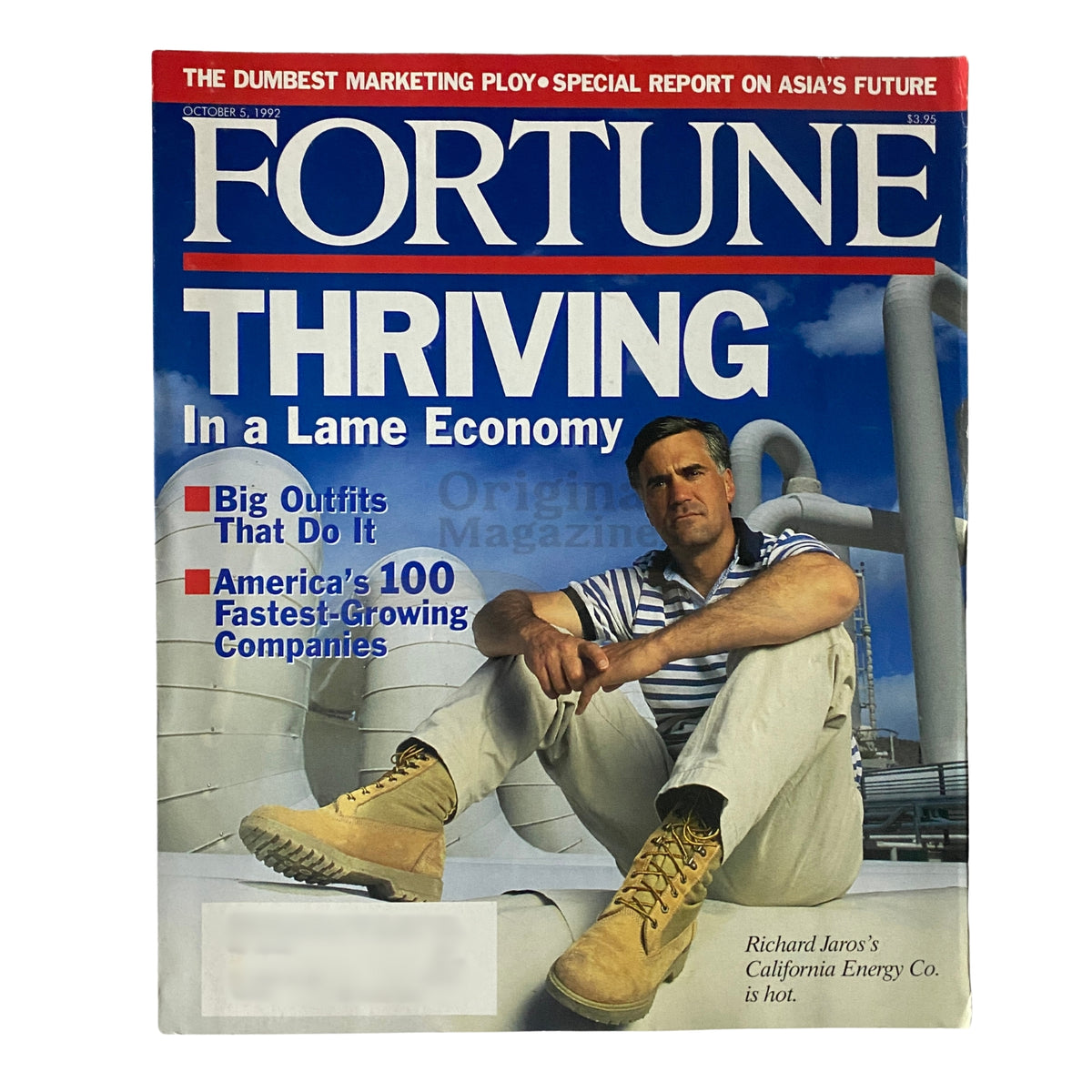 Fortune Magazine cover from October 5, 1992, featuring the title 'THRIVING In a Lame Economy'. Highlights Richard Jaros's California Energy Co. and discusses America's fastest-growing companies.