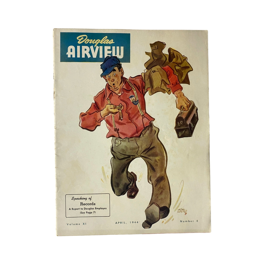 Cover of Douglas Airview Magazine April 1944 featuring a cartoonish illustration of a Douglas worker carrying a briefcase and looking surprised. Title: Douglas Airview.