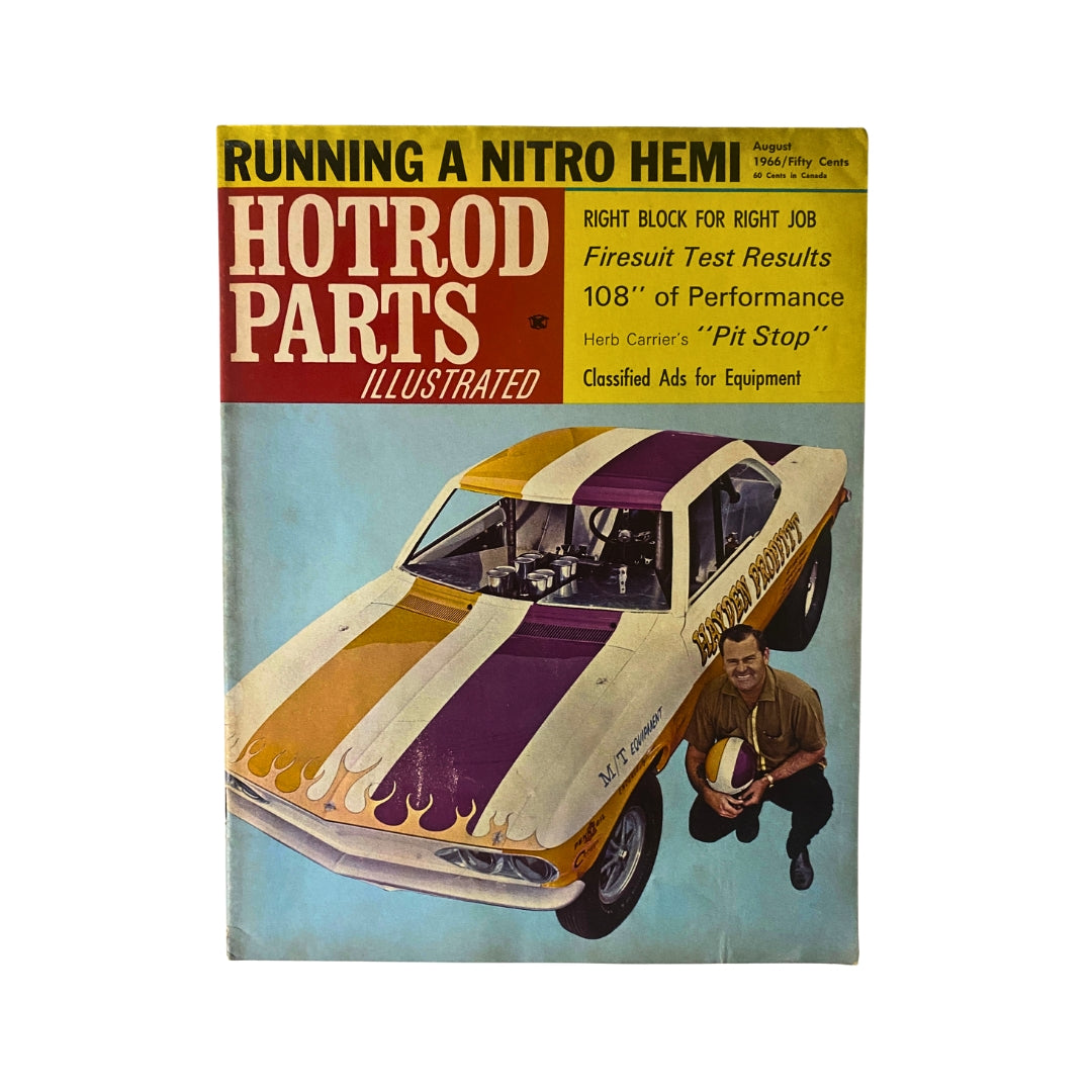 Cover of VTG HotRod Parts Illustrated Magazine August 1966 featuring a detailed image of a race car and the headline 'Running a Nitro Hemi.' The magazine highlights performance tests and racing technology, making it a collectible item for automotive enthusiasts.