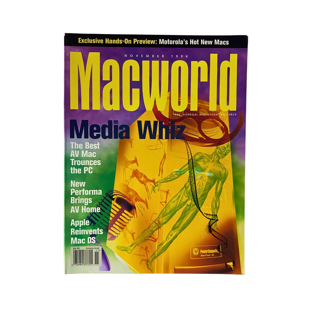 Cover of MacWorld Magazine, November 1996, featuring the title 'The Best AV Mac Trounces the PC'. The vibrant design includes illustrations of multimedia technology and highlights topics such as Apple's Performa and Mac OS reinventions.