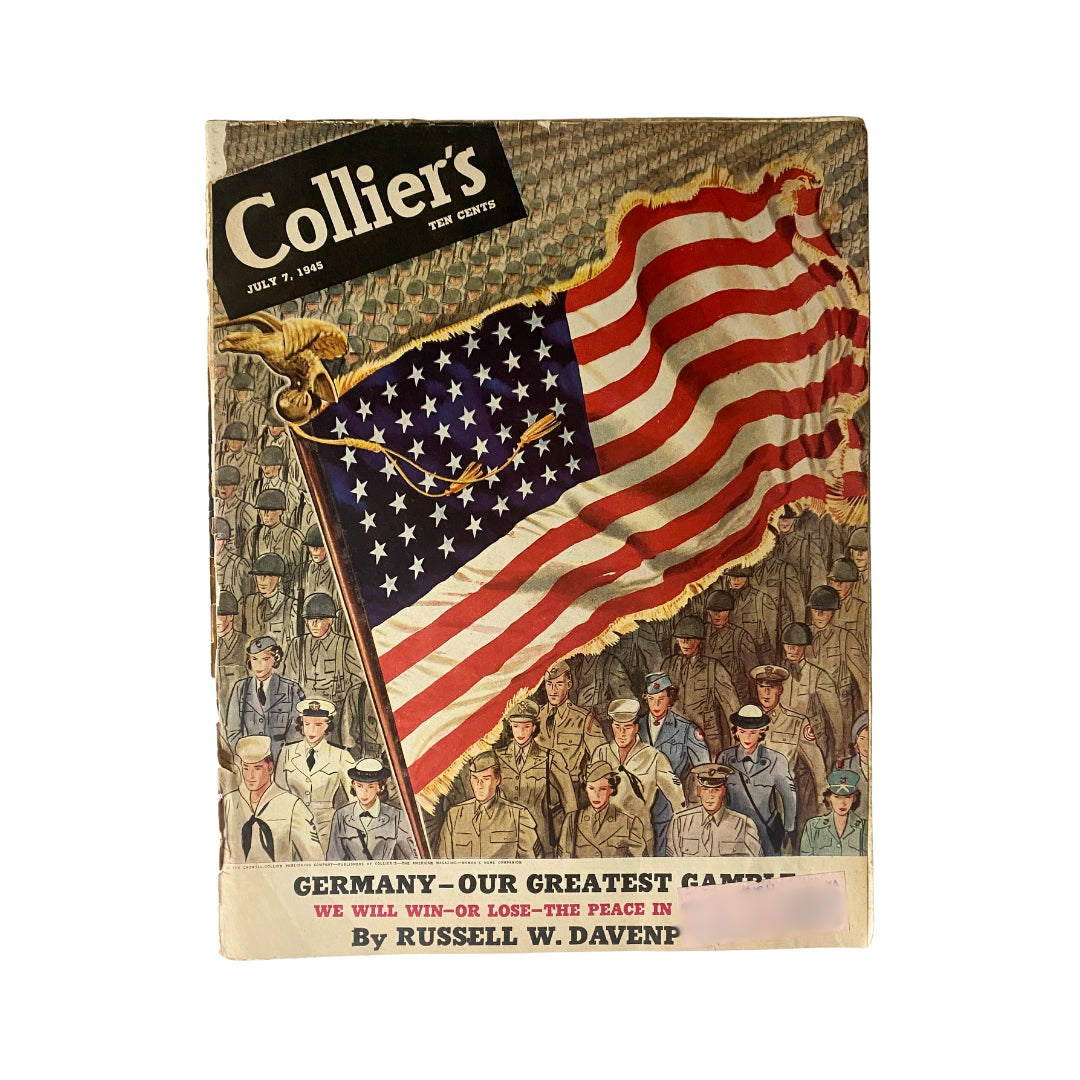 Cover of VTG Collier's Magazine July 7, 1945 featuring a prominent American flag and military personnel, highlighting the article 'Germany—Our Greatest Gamble' by Russell W. Davenport.