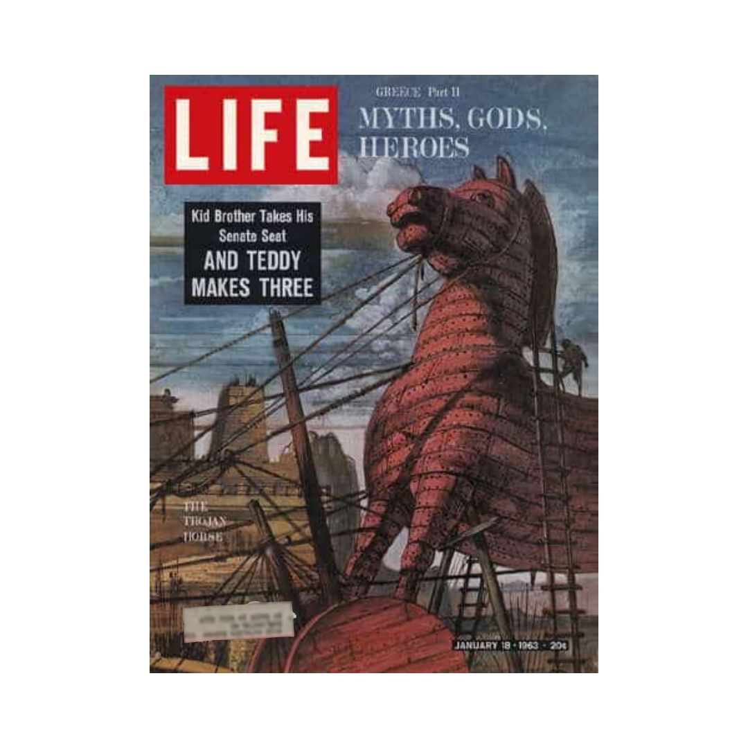 Cover of Life Magazine dated January 18, 1963, featuring Greek mythology's Trojan Horse with the title 'VTG Life Magazine January 18, 1963 Greek Mythology Trojan Horse'. The magazine highlights myths, gods, and heroes.