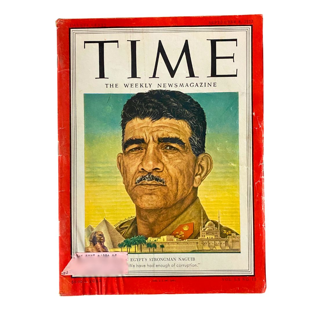 Cover of VTG Time Magazine September 8, 1952 featuring Muhammad Naguib, Egypt's first President, highlighting the sociopolitical climate of the early 1950s.