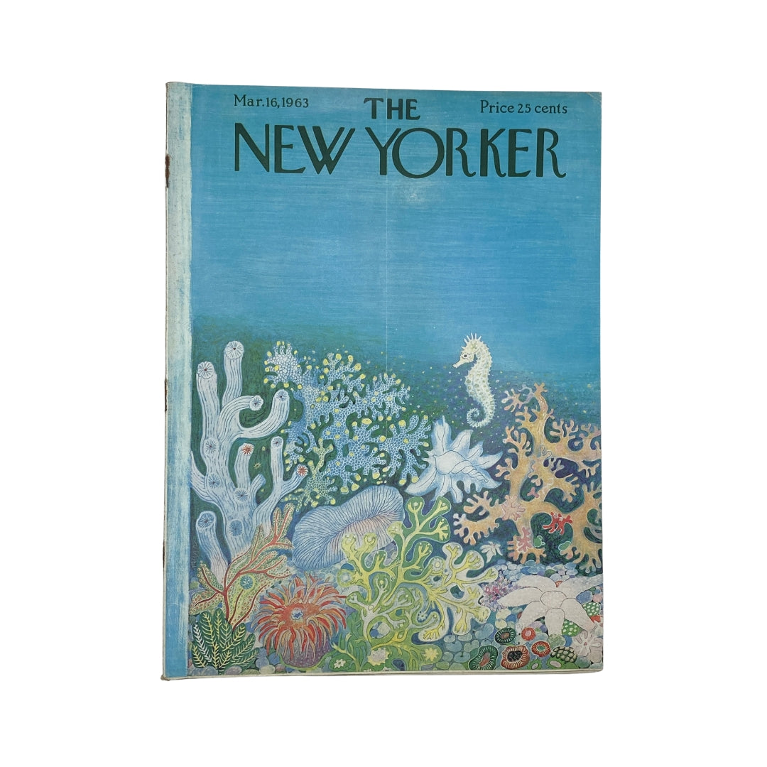 The New Yorker Complete Magazine March 16, 1963 Ilonka Karasz Cover featuring vibrant coral reef illustrations with a seahorse and various marine life, showcasing the artistic style of the magazine.