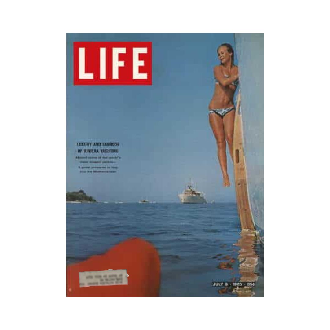 Vintage Life Magazine cover from July 9, 1965, featuring Riviera yachting with a model in swimwear and luxurious yachts in the background, showcasing the glamorous lifestyle of the Mediterranean.