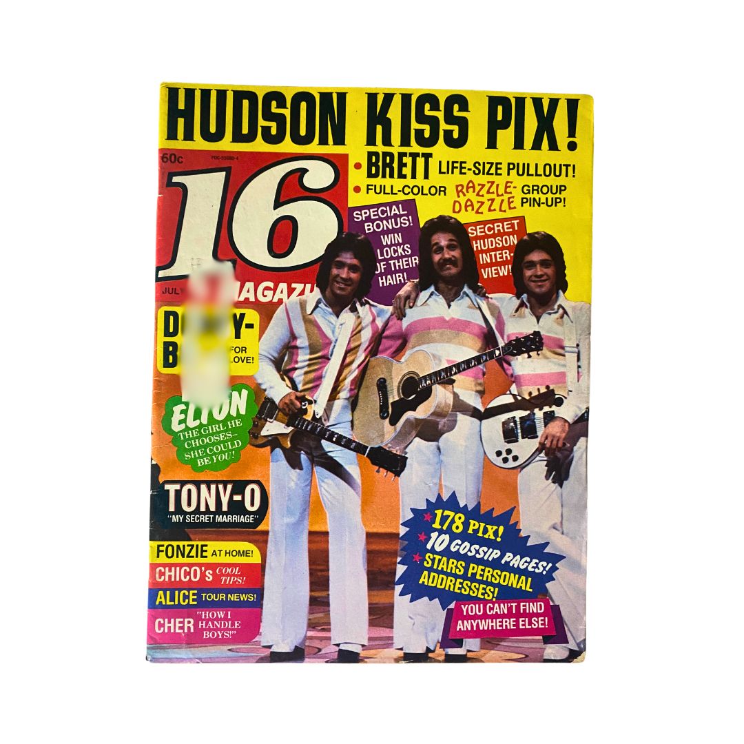 Vintage 16 Magazine July 1975 featuring Fonzie, Chico, Alice, and Cher on the cover. This issue includes a collectible poster and captures the essence of 1970s pop culture.
