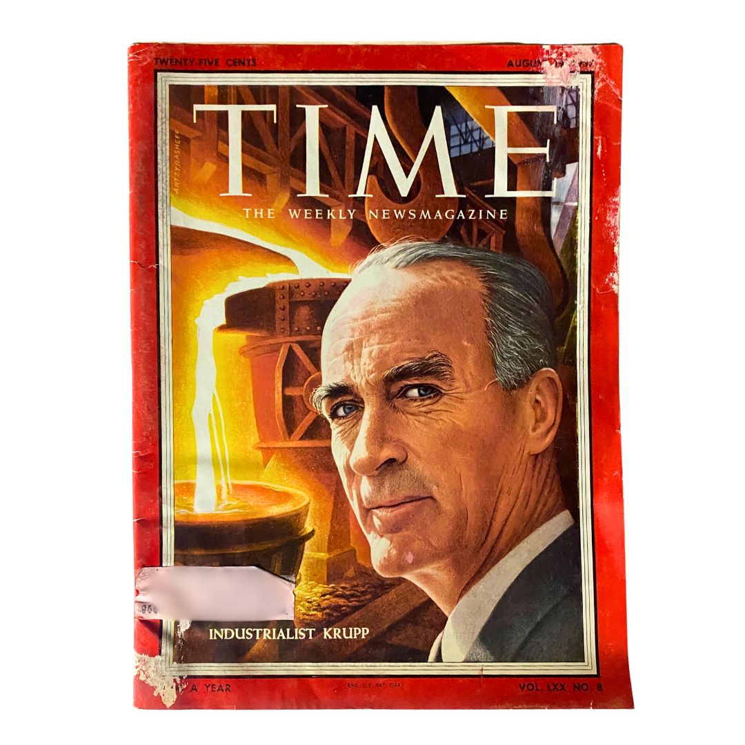 VTG Time Magazine August 19, 1957 featuring industrialist Alfried Krupp on the cover, showcasing a vibrant illustration of Krupp against a backdrop of industrial scenery.