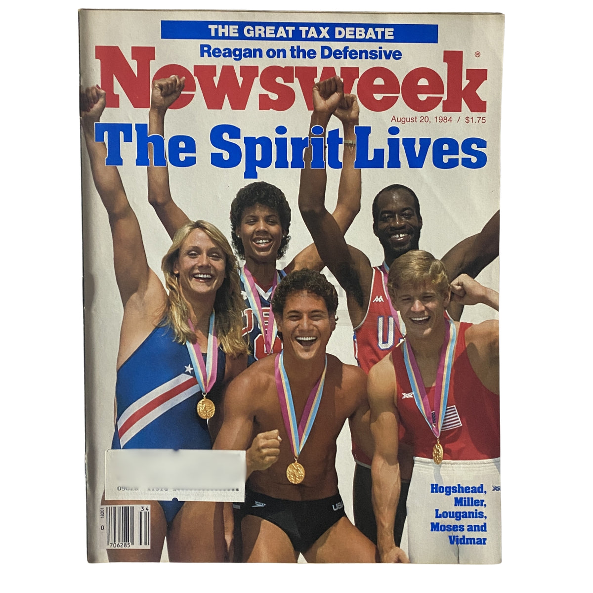 Cover of Newsweek Magazine, August 20, 1984 titled 'The Spirit Lives' featuring Olympic athletes Hogshead, Miller, Louganis, Moses, and Vidmar, showcasing their gold medals.