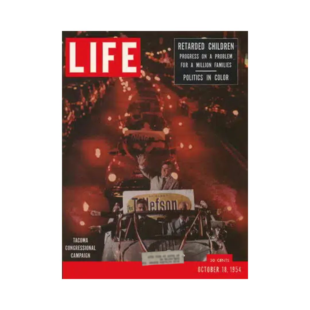 Cover of VTG Life Magazine, October 18, 1954, featuring a scene from the Tacoma Congressional campaign with a nighttime parade, capturing the political atmosphere of the era alongside the iconic title featuring Joe DiMaggio and Marilyn Monroe.