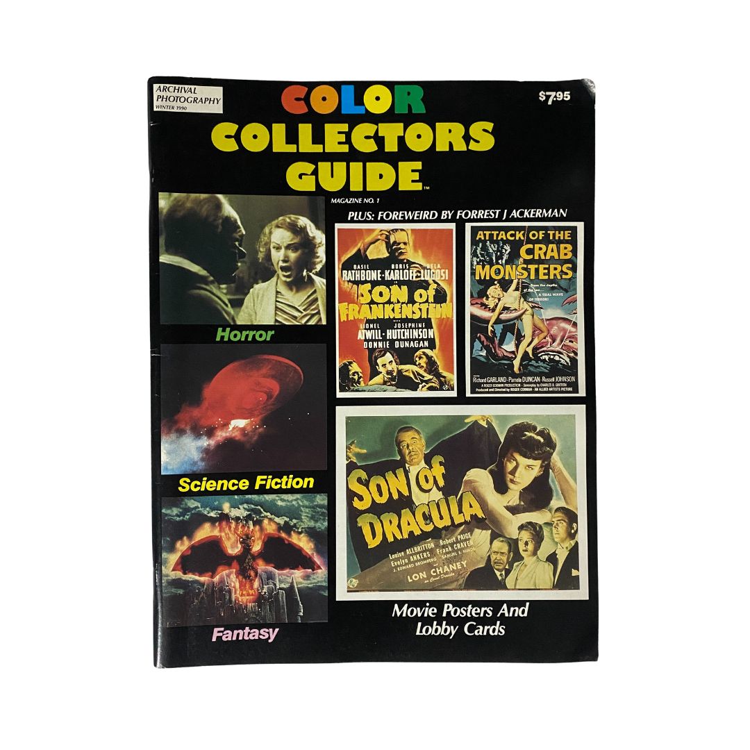 Color Collectors Guide Winter 1990, Volume 1, Number 1, featuring the iconic 'Son of Frankenstein' along with horror, science fiction, and fantasy movie posters. This vintage magazine captures the essence of classic cinema and collectible culture.