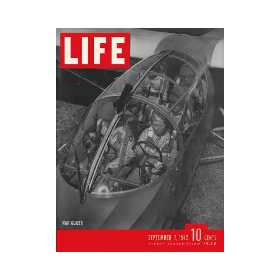 Cover of the VTG Life Magazine September 7, 1942 featuring the CG-3 Cargo Glider, showcasing a wartime aircraft and pilots inside the cockpit.