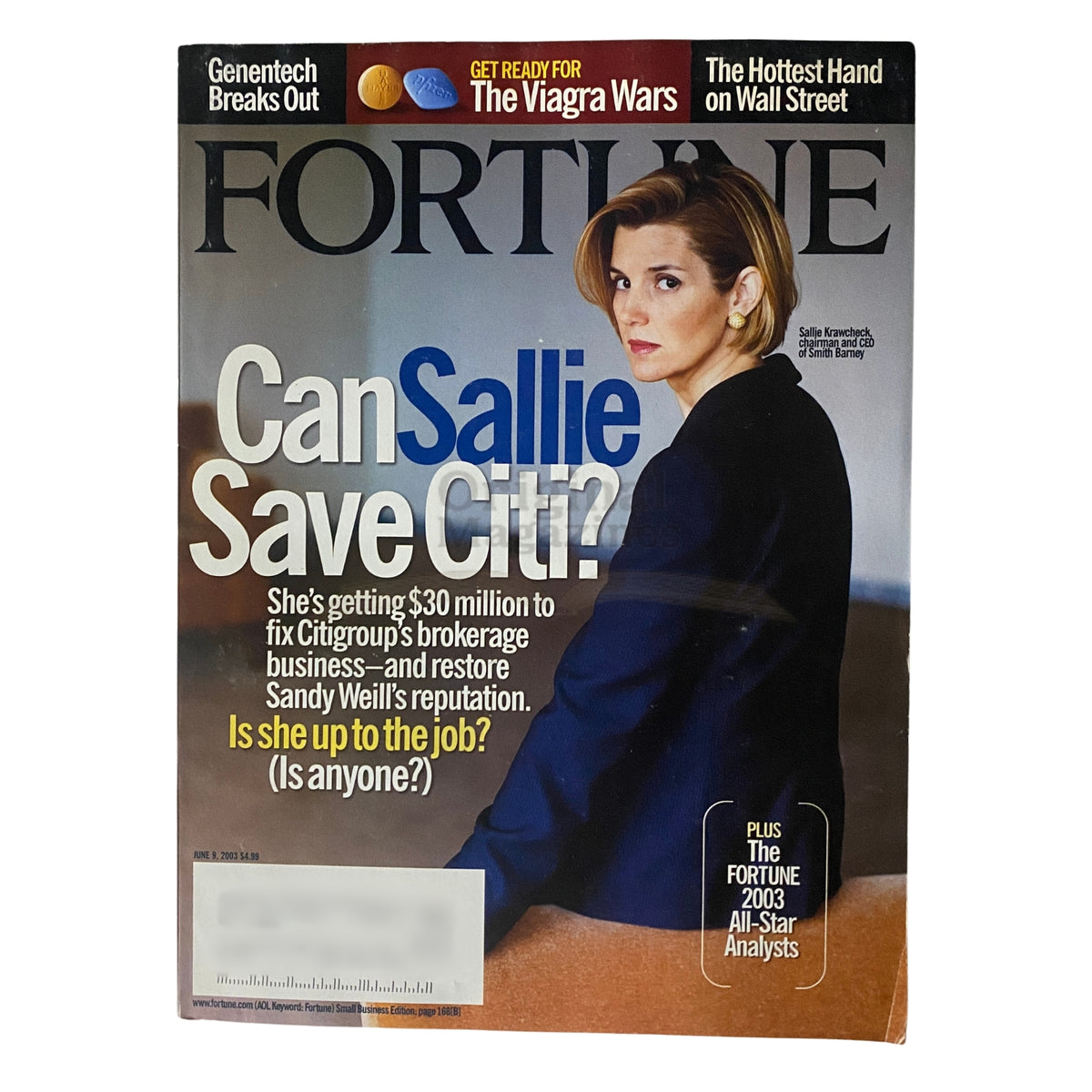 Fortune Magazine June 9, 2003 cover featuring Sallje Krawcheck, Chairman & CEO of Smith Barney, with the headline 'Can Sallie Save Citi?' highlighting her role in fixing Citigroup's brokerage business.
