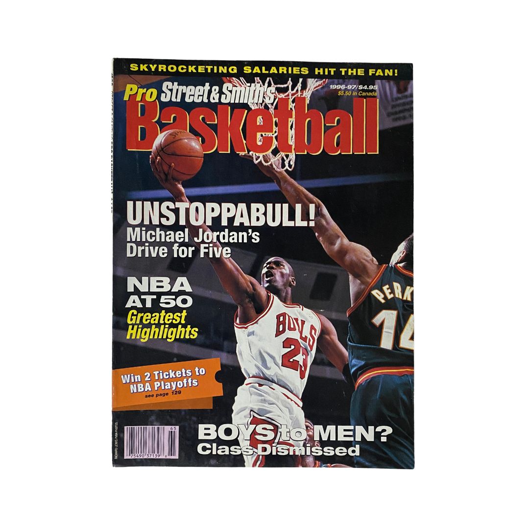 Cover of Street & Smith's Pro Basketball Magazine 1996-1997 featuring Michael Jordan, showcasing his highlights and the tagline 'UNSTOPPABULL!' displaying the Chicago Bulls' iconic red jersey.