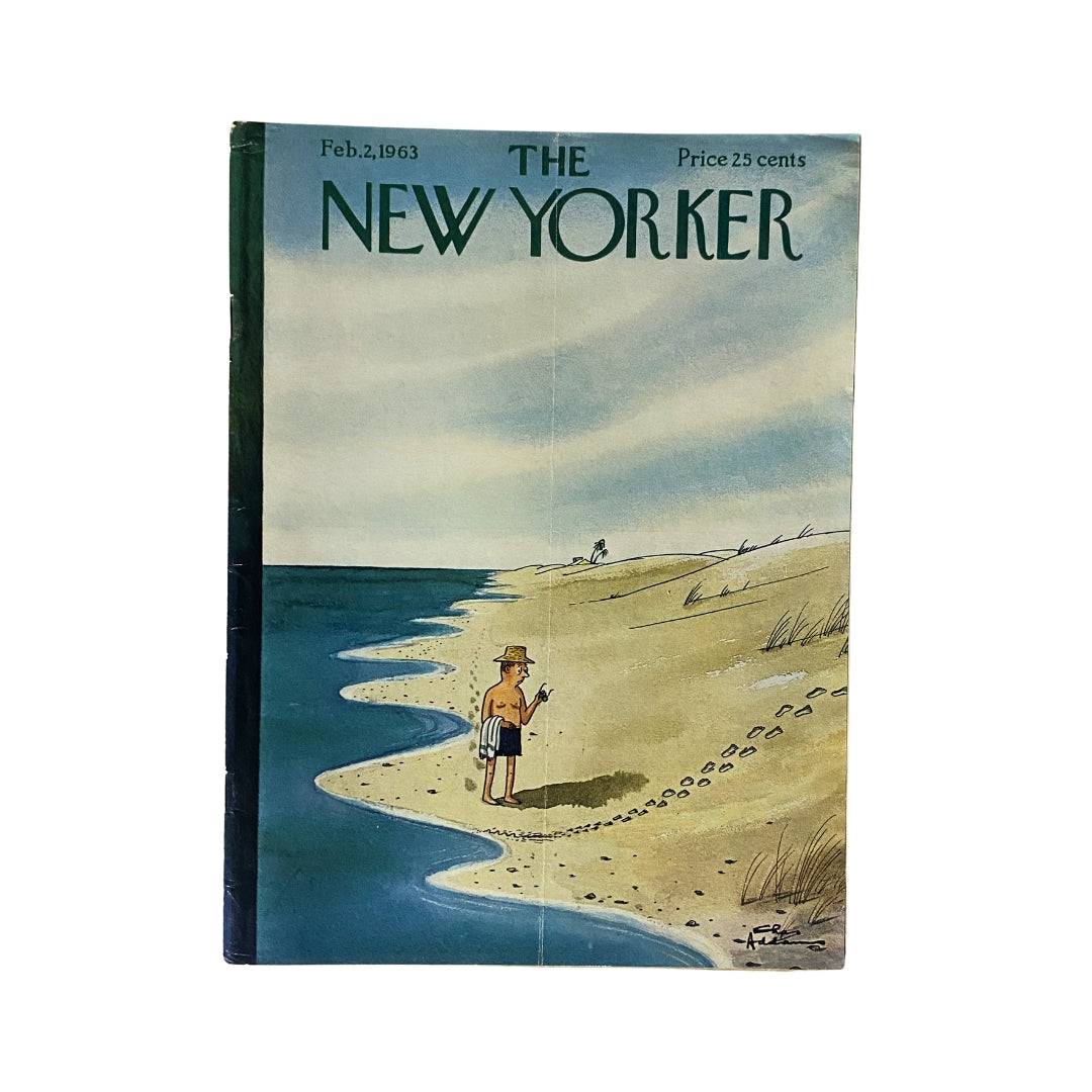Cover of The New Yorker magazine from February 2, 1963 featuring a beach scene with a man in swimwear standing on a sandy shore, showcasing artwork by Chas Addams.
