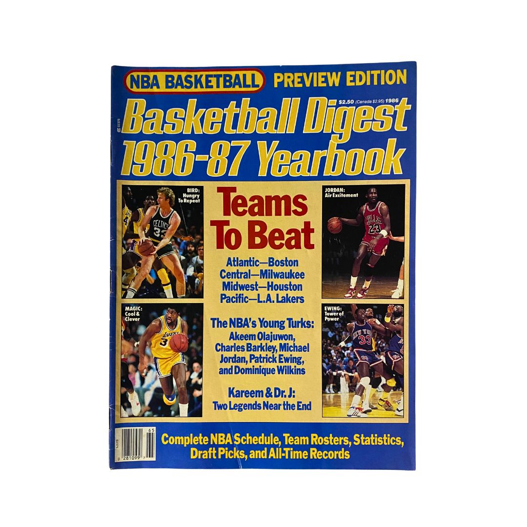 Basketball Digest 1986-1987 Yearbook featuring NBA legends Larry Bird and Michael Jordan on the cover, highlighting teams, statistics, and notable players of the season, with vibrant colors and dynamic imagery that capture the excitement of vintage basketball.