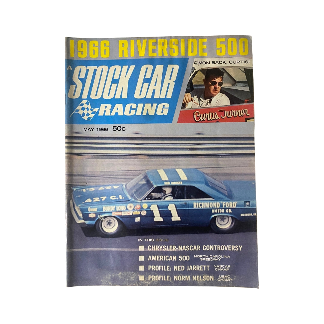 Cover of Super Stock & Drag Racing May 1966 magazine featuring Curtis Turner and a stock car in blue, showcasing details about the Riverside 500 and notable NASCAR profiles.