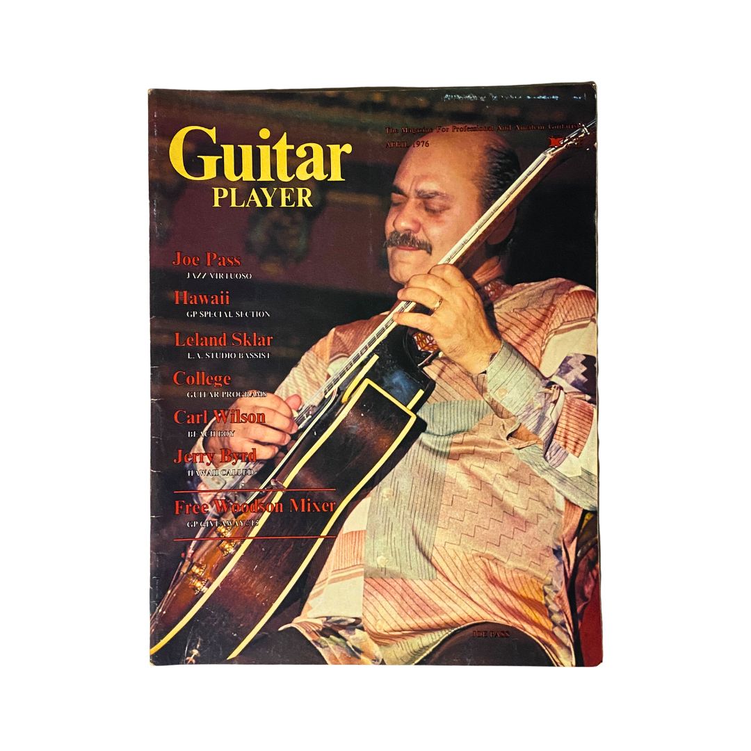 Cover of VTG Guitar Player Magazine April 1976 featuring jazz guitarist Joe Pass, showcasing vibrant colors and details related to guitar playing.