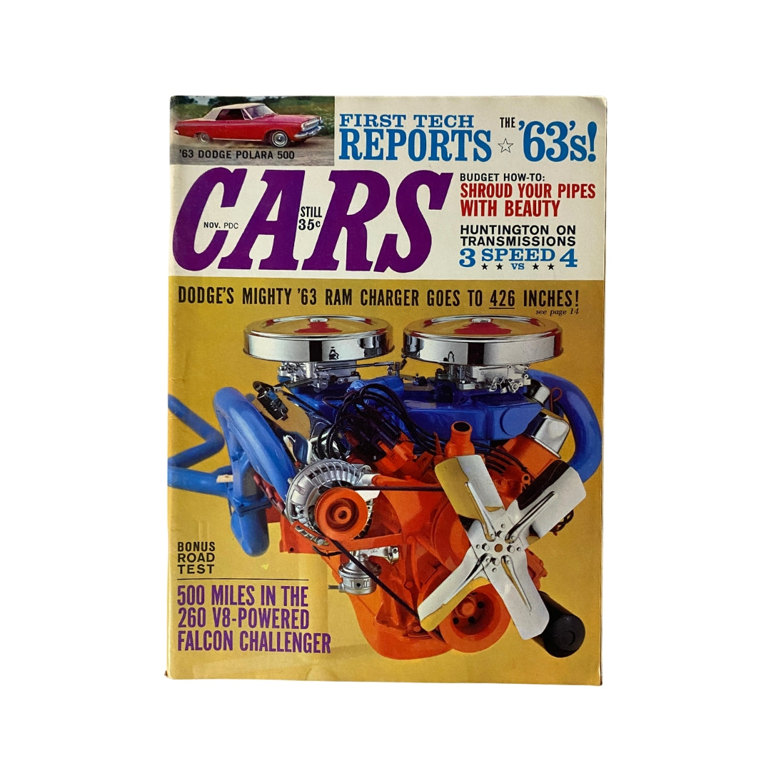 Cover of VTG Cars Magazine November 1962, showcasing detailed changes in Fomoco's '63 cars, colorful illustration of an engine and the title 'CARS' prominently featured.