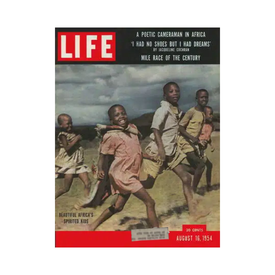 Cover of VTG Life Magazine dated August 16, 1954 featuring a photographic essay titled 'Africa: Land of Tranquility.' The cover depicts spirited African children running joyfully, capturing the essence and culture of Africa in the 1950s.