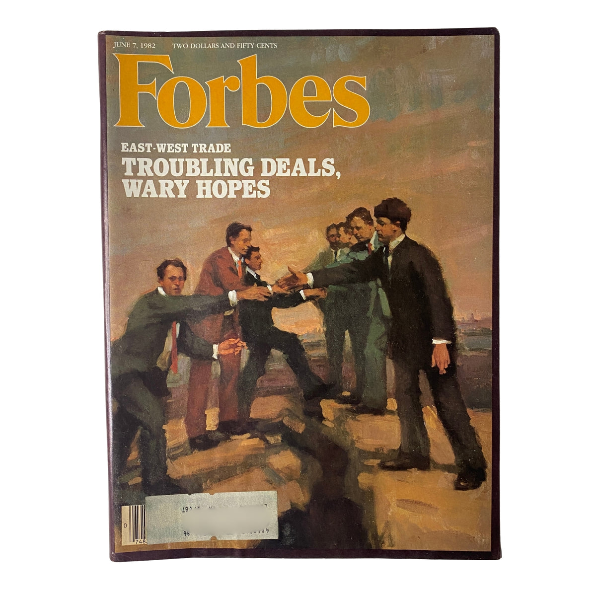 Forbes Magazine June 7, 1982 cover showcasing the title 'East-West Trade: Troubling Deals, Wary Hopes' featuring an artistic representation of business negotiations.