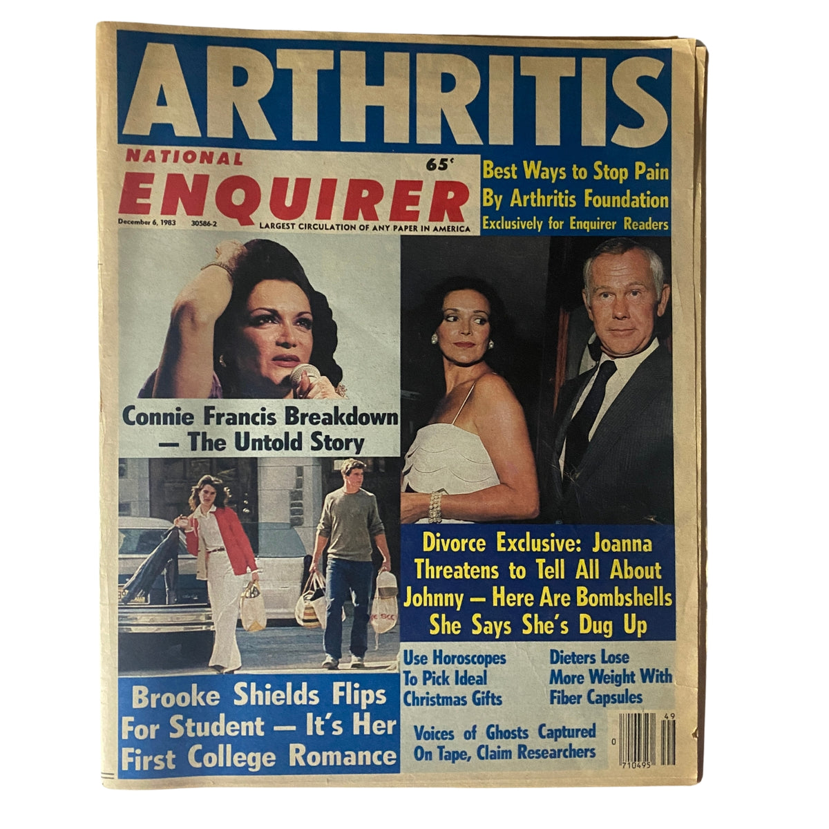 Cover of National Enquirer Tabloid from December 6, 1983 featuring actress Connie Francis and Brooke Shields, highlighting sensational stories including Connie's breakdown and Brooke's college romance.