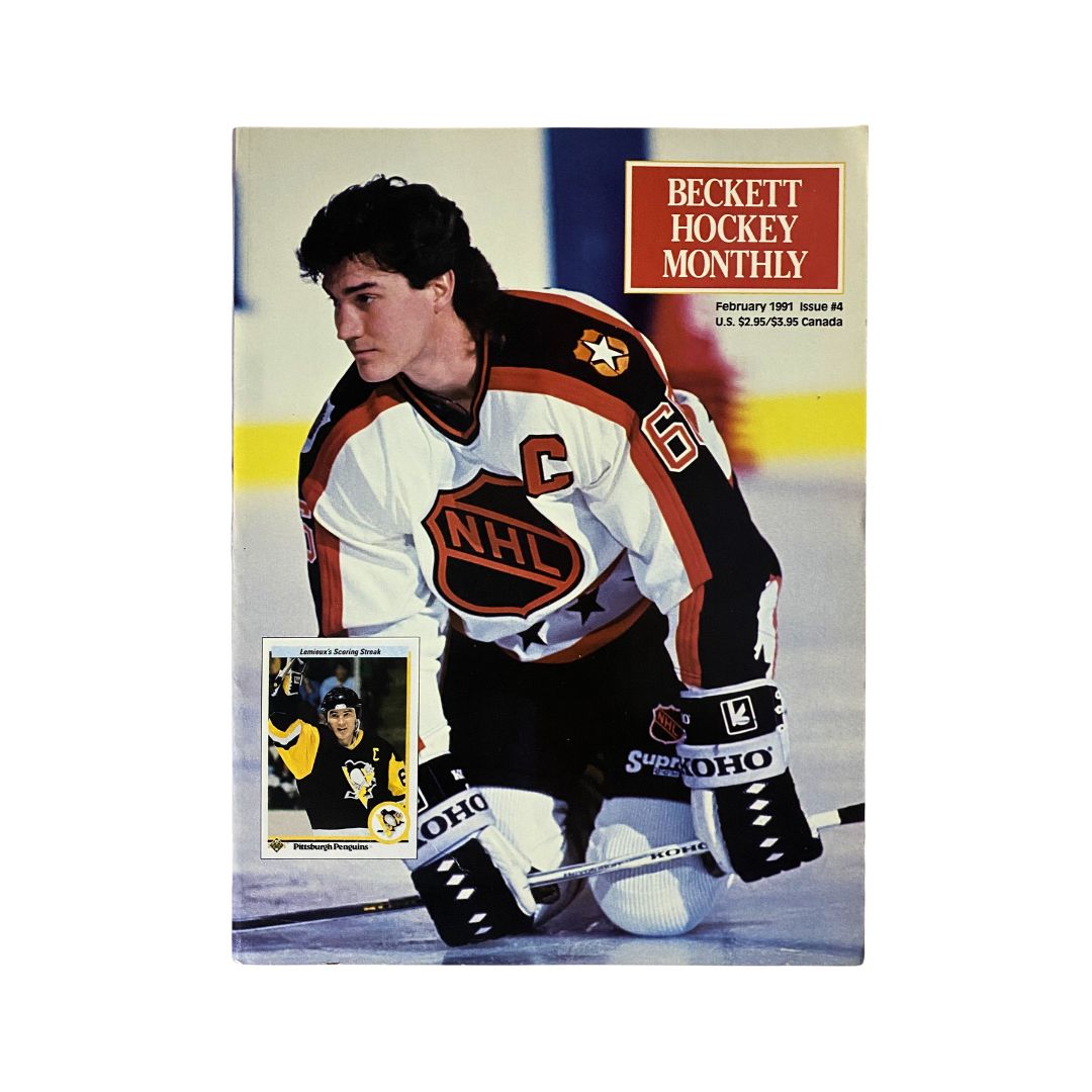 Cover of Beckett Monthly Magazine February 1991 featuring NHL legend Mario Lemieux dressed in a hockey uniform, with a highlight of hockey memorabilia.