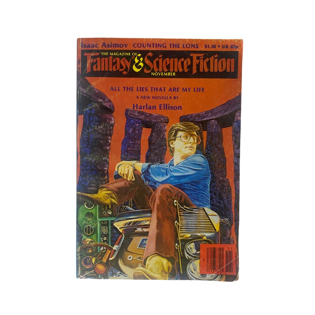 Cover of Isaac Asimov Fantasy & Science Fiction Magazine November 1980, featuring Harlan Ellison's novella 'All the Lies That Are My Life'. The cover showcases a colorful illustration of a young man in a futuristic setting.