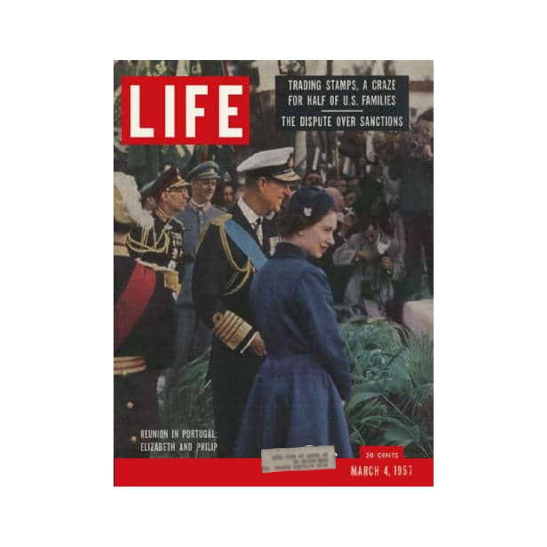 Vintage Life Magazine cover from March 4, 1957 featuring the reunion in Portugal of Elizabeth and Philip, capturing a moment in royal history.