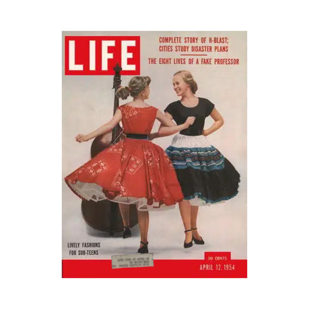 Cover of VTG Life Magazine April 12, 1954 showcasing lively sub-teen fashion, featuring two girls in colorful dresses dancing, highlighting the fashion trends of the 1950s.