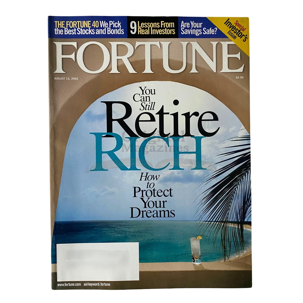 Cover of Fortune Magazine August 12, 2002 featuring the title 'You Can Still Retire Rich: How to Protect Your Dreams' with a tropical beach background.