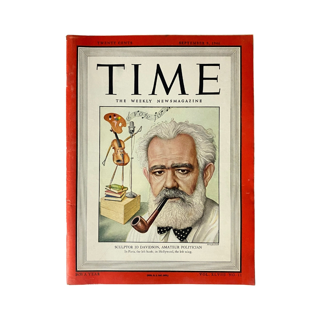 Vintage Time Magazine cover from September 9, 1946, Vol 48 No. 11 featuring sculptor Jo Davidson, illustrated with an artistic representation and details including 'Amateur Politician'.