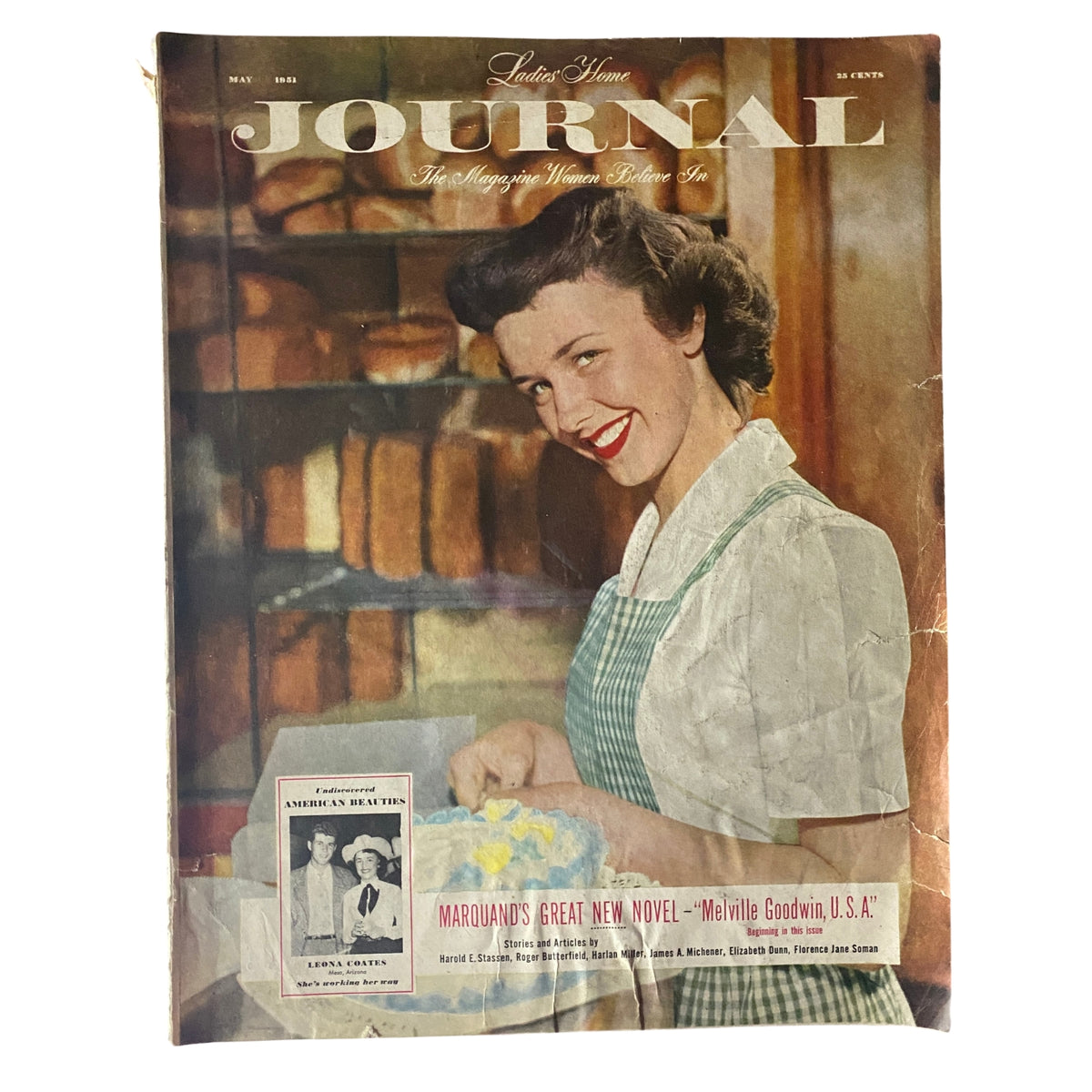 Cover of Ladies' Home Journal Magazine May 1951 featuring a smiling woman in a kitchen background, highlighting Leona Coates' American Beauties artwork.