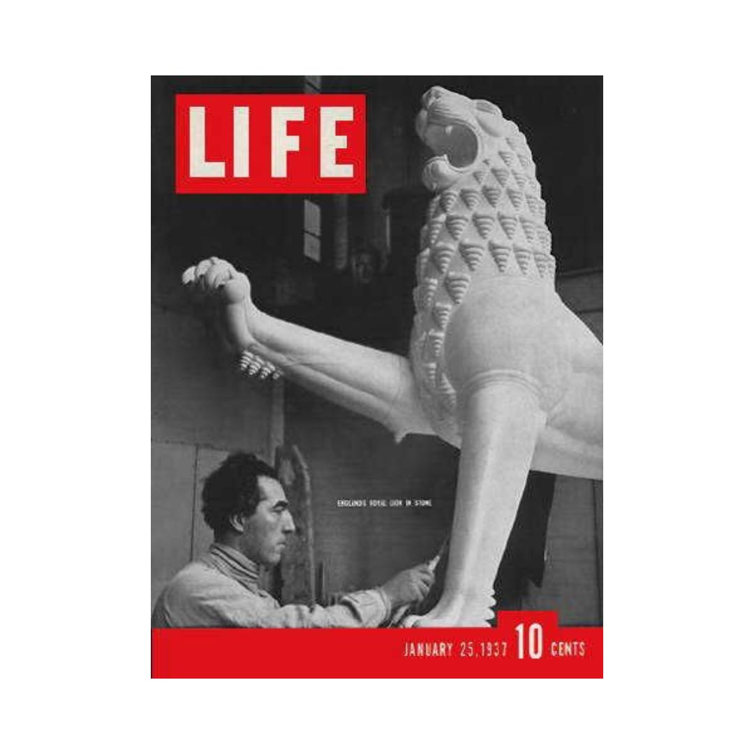 Cover of VTG Life Magazine from January 25, 1937 featuring an image of a lion sculpture being carved, showcasing artistry and historical significance.