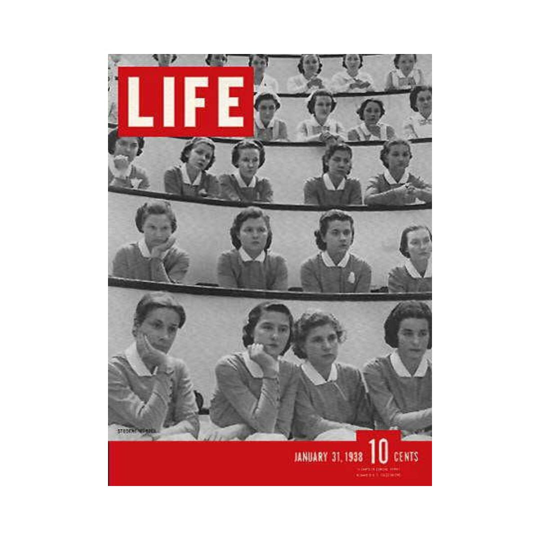 Cover of VTG Life Magazine January 31, 1938 showcasing student nurses in a classroom setting, reflecting historical nursing education and culture