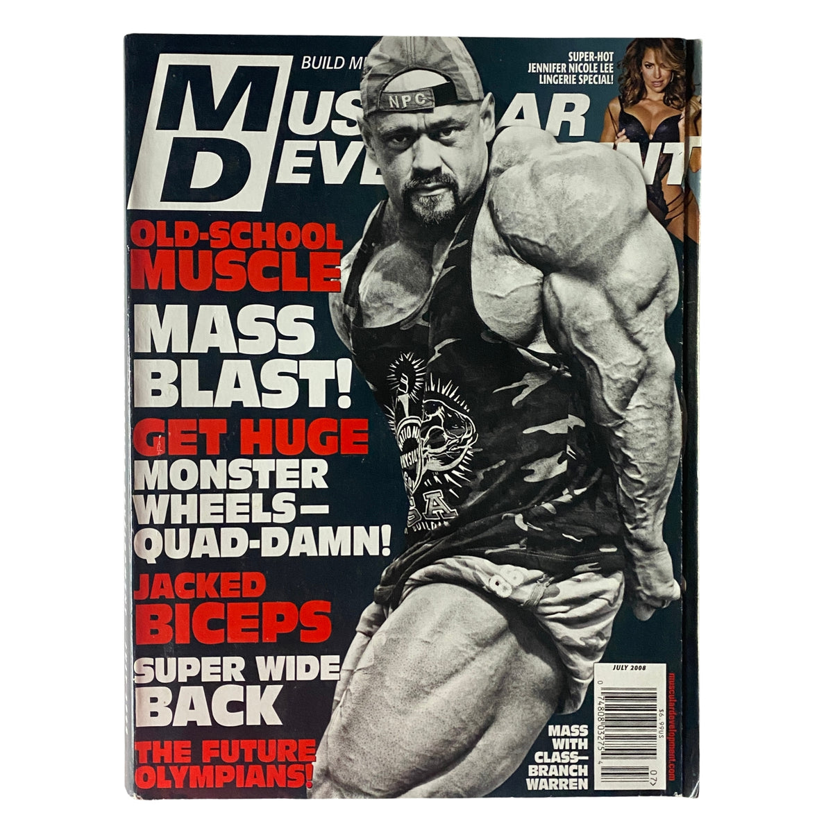 Muscular Development Magazine July 2008 Vol 45, Num 7 featuring Branch Warren on the cover, showcasing bodybuilding themes like 'Old-School Muscle' and 'Mass Blast'.
