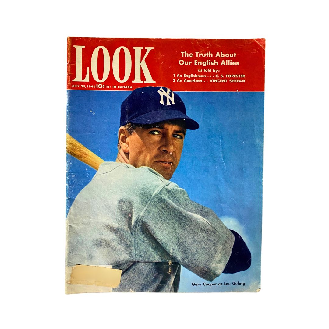 Cover of Look Magazine, July 28, 1942, featuring Gary Cooper as Lou Gehrig, a significant collectible from the era of World War II.