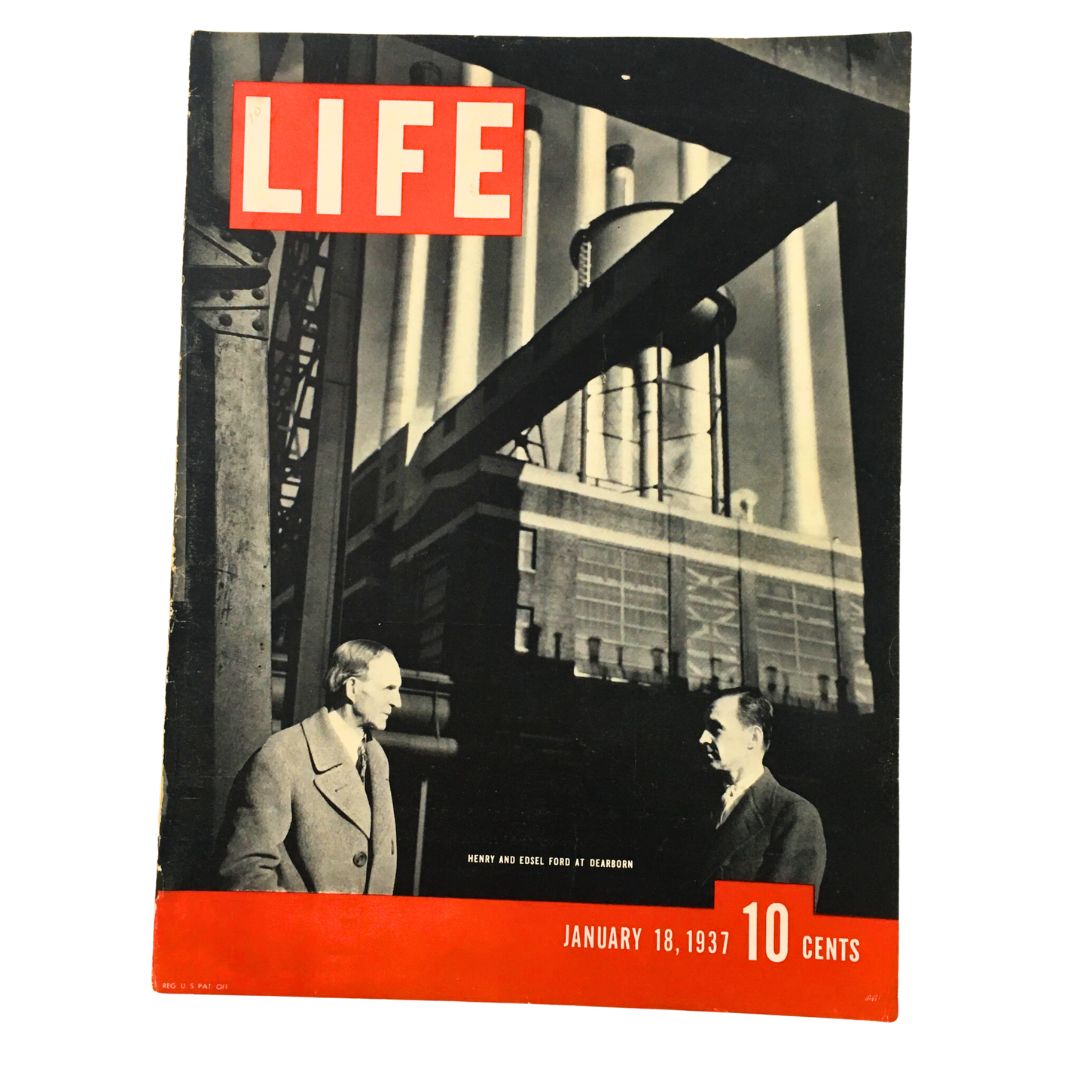 Cover of Life Magazine, January 18, 1937, featuring Henry and Edsel Ford at Dearborn, showcasing historic photography and design.