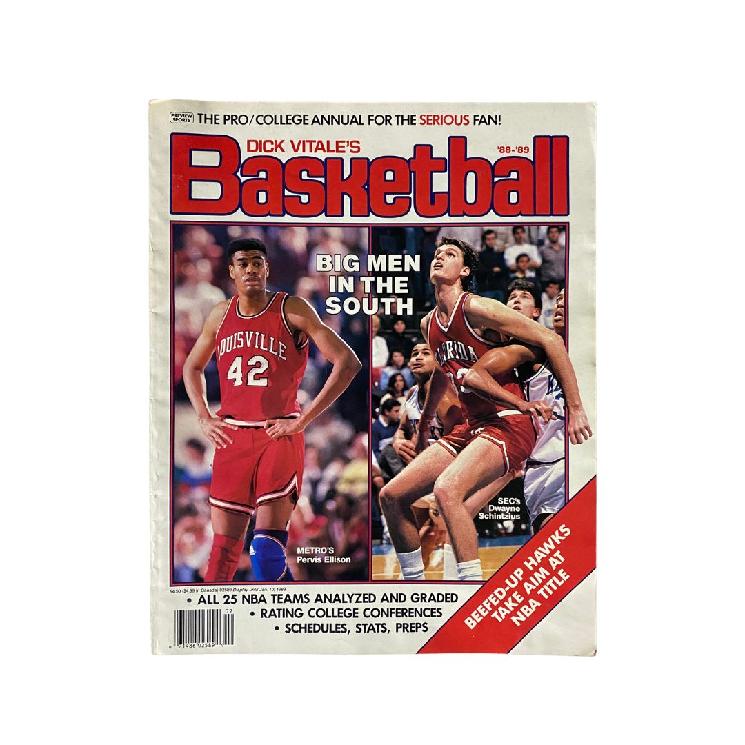 Cover of Dick Vitale's Basketball Magazine 1988-1989 featuring Pervis Ellison and Dwayne Schintzius with the headline 'Big Men in the South'.