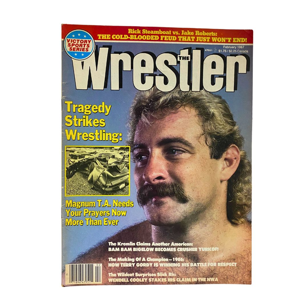 Cover of VTG The Wrestler Magazine February 1987 featuring Magnum T.A. with the headline 'Tragedy Strikes Wrestling: Magnum T.A. Needs Your Prayers Now More Than Ever'. An iconic piece highlighting a pivotal moment in wrestling history.