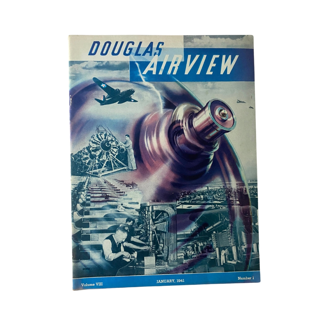 Douglas Airview Magazine January 1941 cover, featuring a collage of aviation images, including military aircraft and manufacturing scenes. A vintage collectible showcasing historical significance in military aviation.