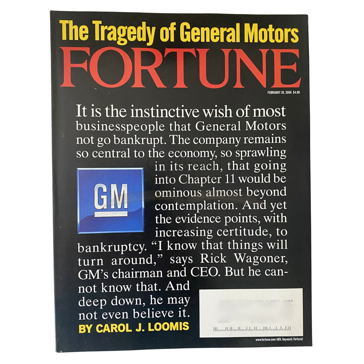 Cover of Fortune Magazine February 20, 2006 featuring the article titled 'The Tragedy of General Motors' by Carol J. Loomis, discussing GM's financial struggles.