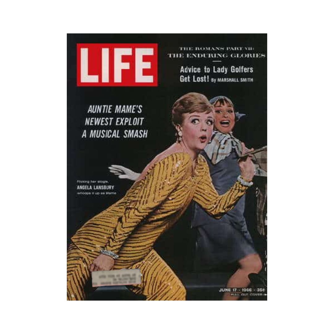 Vintage Life Magazine cover dated June 17, 1966, featuring Angela Lansbury in 'Auntie Mame' musical. The cover showcases vibrant Broadway themes, highlighting the historical significance of theater in the 1960s.